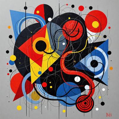 The primary subject of the image is a colorful and abstract artwork featuring a mix of shapes, colors, and patterns. The setting is a gray background, which provides a neutral and clean environment for the artwork. The visual style is a combination of digital art and illustration, creating a unique and eye-catching piece. The dominant colors in the artwork are red, yellow, and blue, which contribute to a lively and energetic atmosphere.